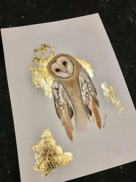 Owl Watercolour | Gold leaf painting, Golden painting, Gold leaf art Watercolor With Gold Leaf, Watercolor Gold Leaf, Wall Hangings For Living Room, Painting Gold Leaf, Art Gold Leaf, Wall Art Gold Leaf, Gold Drawing, Owl Watercolor, Gold Art Painting