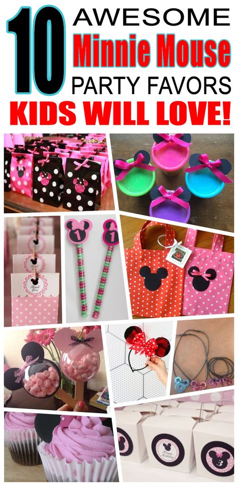 Great minnie mouse party favors kids will love. Fun and cool minnie mouse birthday party favor ideas for children. Easy goody bags, treat bags, gifts and more for boys and girls. Get the best minnie mouse birthday party favors any child would love to take home. Loot bags, loot boxes, goodie bags, candy and more for minnie mouse party celebrations. Party Favor Ideas For Kids, Minnie Mouse Ideas, Minnie Mouse Party Favor, Minnie Mouse Gifts, Awesome Party Favors, Minnie Mouse Party Ideas, Minnie Birthday Party, Best Gifts For Girls, Kids Favors