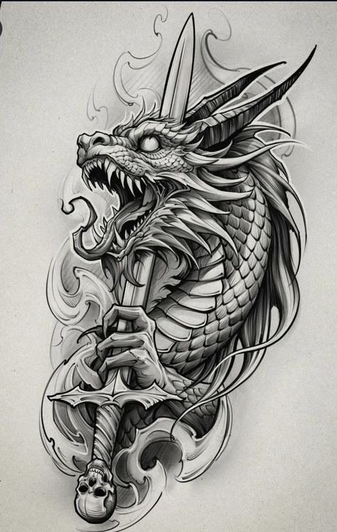 Dragon Tattoo Realistic, Realistic Dragon Drawing, 9 Tattoo, Mangas Tattoo, Realistic Dragon, Dragon Tattoo Art, Cobra Art, Dragon Silhouette, Animals Tattoo