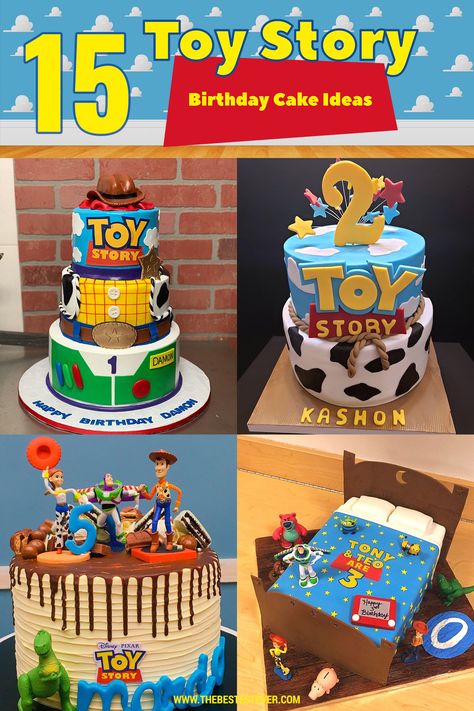 Looking for that perfect Toy Story cake idea? We take a look at 15 of the best and most popular birthday cake designs for this popular Disney movie. See designs with Woody, Buzzy Lightyear, Forky and Jessie. If you want a Toy Story birthday cake, then you MUST find one you like here.  #toystory #toystorycake #toystorybirthday #toystorybirthday #cakeideas #birthdaycakeideas #kidsbirthdaycake Toy Story Cakes Ideas, Woody Toy Story Cake Ideas, Toys Story Birthday Cake, 4th Birthday Toy Story Theme, Woody And Buzz Birthday Cake, Toy Story Bday Cake, Toy Story 4 Birthday Cake, Toy Story Woody Cake, Toys Story Cake