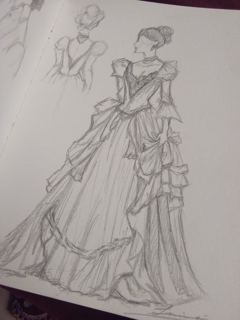 Prom Dress Drawing, Victorian Era Drawing, Victorian Sketches, Victorian Dress Drawing, Victorian Era Dress, Fashion Sketchbook Inspiration, Gown Drawing, Fashion Illustrations Techniques, Fashion Drawing Sketches