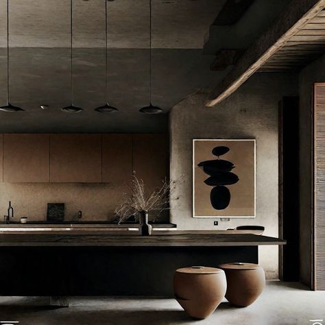 Sending you some Dark Moody Wabi-Sabi Kitchen Vibes from a small village in the middle of Germany where I spend some quality time with old friends before I head home next week. I wish everybody a wonderful weekend ♥️ #wabisabi #wabisabikitchen #kitchendesign #moodyinteriors #darkinteriors #japandi #homedecorinspiration Wabi Sabi Small Kitchen, Dark Wabi Sabi Interior, Japandi Dark Kitchen, Dark Japandi Kitchen, Dark Wabi Sabi, Moody Japandi, Dark Kitchen Design, Dark Japandi, Modern Wabi Sabi Interiors