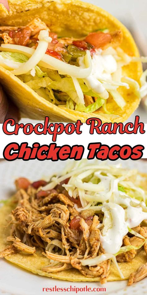 It takes just 4 ingredients to whip up these easy Crockpot Ranch Chicken Tacos! Just toss chicken breasts or thighs in the slow cooker with taco and Ranch seasonings, and let it do its magic. You’ll end up with a flavorful, drool-worthy dish that's perfect for those busy days and casual weekends. Plus, it freezes like a dream and is awesome for meal prepping! Chicken Ranch Tacos Crockpot, Chicken Tacos Crockpot Easy, Chicken Ranch Taco, Crockpot Chicken Taco Recipes, Ranch Crockpot Chicken, Fiesta Ranch Chicken, Crockpot Taco Chicken, Crockpot Ranch Chicken Tacos, Queso Chicken Tacos