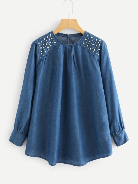 Pearl Denim Blouse -SheIn(Sheinside) Denim Kurtas Women, Denim Blouse Women, Blouse Dress Outfit, Trendy Shirt Designs, Fashion Top Outfits, Fashion Tops Blouse, Kurti Neck Designs, Denim Blouse, Kurta Designs