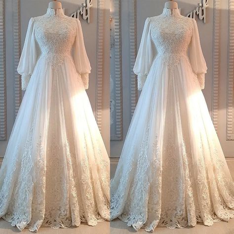 Muslim Wedding Dresses Long Sleeves High Neck Beaded Lace Appliques Bridal Gown | eBay Wedding Outfits With Hijab, Wedding Dresses Arab, Outfits With Hijab, Nigerian Bridesmaid Dresses, Fantasy Wedding Dress, Muslim Wedding Gown, Arabic Wedding Dresses, Arabic Wedding, Modest Wedding Dresses With Sleeves