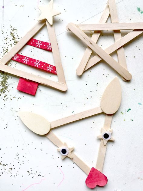 DIY ornaments that you can make with kids! Use popsicle sticks and ribbon - and any other craft materials you have. This easy popsicle stick Christmas craft is perfect for kids of all ages - and they are really pretty! #diy #christmascrafts #kids Ornaments For Kids To Make, Stick Ornaments, Popsicle Stick Ornaments, Diwali Crafts, Popsicle Stick Christmas Crafts, Kids Food Crafts, Ornaments For Kids, Christmas Crafts For Toddlers, Diwali Craft