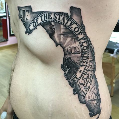 Florida map by japo Florida Sleeve Tattoo, Florida Outline Tattoo, Florida Map Tattoo, State Of Florida Tattoo, Florida Themed Tattoos, Florida Tattoo Ideas, Fl Tattoo, Florida Outline, Florida Tattoo