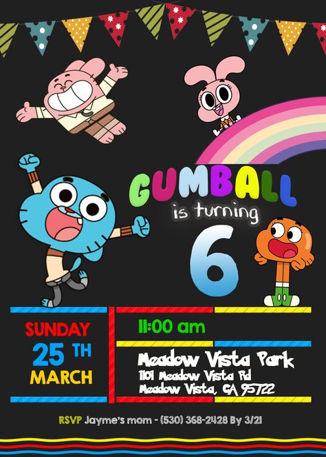 The Amazing World Of Gumball Party, Gumball Birthday Party Ideas, Gumball Party Ideas, Gumball Birthday Party, Gumball Party, Skylanders Birthday, Pool Party Birthday Invitations, Anna Birthday, Amazing World Of Gumball