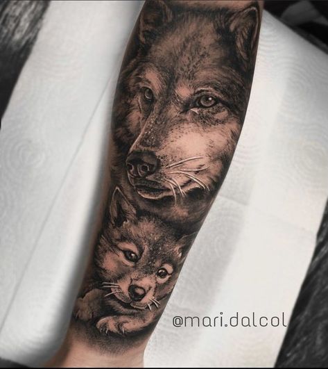 Wolf Mom And Two Pups Tattoo, Father Son Animal Tattoo, Father Daughter Wolf Tattoos, Wolf And Pup Tattoo For Women, Wolf Mom And Pup Tattoo, Wolf And Pup Tattoo, Wolf And Cub Tattoo, Wolf And Cub Tattoo Design, Wolf And Moon Tattoo