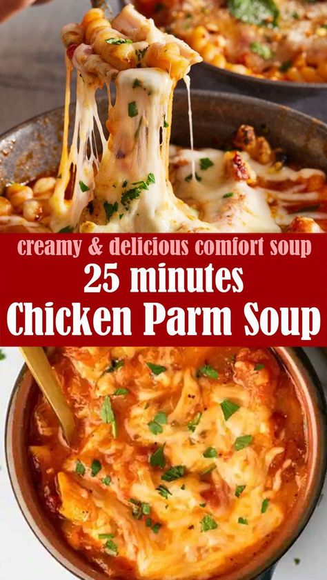 Easy Creamy Chicken Parm Soup comes together fast on the table in about 25 minutes for a delicious weeknight dinner. It’s packed with flavor, good-for-you ingredients, and all the best flavors from chicken Parm! Chicken Parm Soup Recipe, Chicken Parm Soup, Chicken Parmesan Soup Recipe, Parm Soup, Chicken Macaroni Soup, Chicken Pasta Soup, Pasta Soup Recipes, Easy Creamy Chicken, Healthy Chicken Parmesan