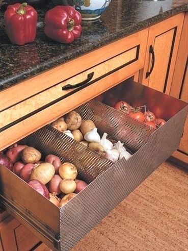 Root vegetables and onions are best stored at room temperature — not in the refrigerator. But aside from taking up space on your pantry shelves or on your kitchen counter, what's the best way to store…More #KitchenStorage Diy Kitchen Drawer Ideas, Kitchen Drawers Diy, Modern Konyhatervezés, Vegetable Drawer, Kabinet Dapur, Diy Kitchen Storage, Kitchen Cabinet Organization, Smart Kitchen, Kitchen Drawers