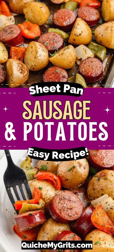 A sheet pan and a white ceramic dish with sausage and potatoes. Smoked Sausage Dinner Recipes, Sheet Pan Sausage And Potatoes, Baby Gold Potatoes, Sausage And Potato Bake, Sheet Pan Sausage, Sausage And Potatoes, Sausage Recipes For Dinner, Barbecue Side Dishes, Smoked Sausage Recipes