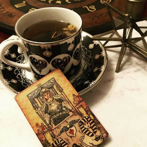 The Chariot Tarot Aesthetic, Tarot Deck Photography, Tea And Tarot, Chariot Aesthetic, Wicca Herbs, The Chariot Tarot, Vintage Tarot Cards, Vintage Tarot, Rose Lavender