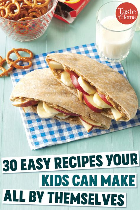 30 Easy Recipes Your Kids Can Make All By Themselves Easy Cooking Club Ideas, No Cook Kids Recipes, Lunches Kids Can Make Themselves, Easy Recipes Kids Can Make, Easy Dinners For Kids To Make, Easy Food Recipes For Kids To Make, No Bake Recipes For Kids To Make, Easy No Bake Recipes For Kids, Easy Meals Kids Can Make