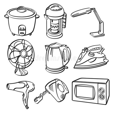 Home Electric Appliances vector illustration Hair Appliance Storage, Types Of Pencils, Comic Book Art Style, Object Drawing, Dog Coloring Page, Embroidery Template, Electric House, Electrical Appliances, How To Clean Furniture