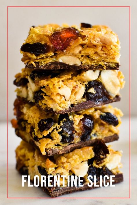 Dried fruits, nuts and dark chocolate… it really is an irresistible combination and this Florentine Slice is something you can put together in a jiffy. Florentine Slice, Florentine Biscuits, Cookie Slice, Weetbix Slice, Australian Recipes, Florentine Cookies, Anzac Biscuits, Chocolate Breakfast, Glace Cherries