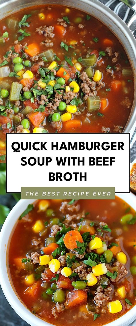 Image for Quick Hamburger Soup with Beef Broth Hamburger Meat Recipes Soup, Hamburger Meat Soup Recipes, Soups With Beef, Hamburger Beef Stew, Hamburger Rice Soup, Hamburger Soup Recipes, Beef Broth Recipe, Soup With Beef Broth, Slow Cooker Hamburger Soup