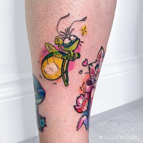 UK Disney Anime Gamer tattoos on Instagram: “Teeny Little Raymond for Catherine last week 😍 And that concludes posting the 4 awesome Disney tattoos I did on that one day - it was a…” Retro Disney Tattoo, Watercolour Disney Tattoo, Black Tattoos With A Pop Of Color, Rango Tattoo Movie, Disney Cartoon Tattoos, We Bought A Zoo Tattoo, Elemental Tattoo Pixar, Little Disney Tattoos, Disney Movie Tattoos