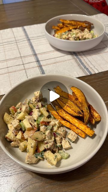 Coop’s Kitchen on Instagram: "This harvest chicken salad goes perfectly with some sweet potato fries! You can also use the chicken salad in a wrap or sandwich 😊✨🍎🍠
•
Ingredients:
-2 large chicken breasts sliced in half & tenderized
-olive oil
-itailian seasoing
-smoked paprika
-garlic powder
-salt & pepper
-2 apples diced
-2 celery stalks diced
-1/4 of a red onion finely chopped
-handful of parsley finely chopped
-1/3 c chopped pecans
-2 tbsp maple syrup
-2 tbsp dijon mustard
-1/2 c plain greek yogurt
Optional:
-2 sweet potatoes cut into 1/2” fries

Steps:
1. Preheat oven to 425 
2. Season both sides of chicken with oil, garlic powder, smoked paprika, itailian seasoning, salt & pepper and bake for 14 minutes
3. Season sweet potatoes with oil, garlic powder, smoked paprika, salt & pepper Season Sweet Potatoes, Harvest Chicken Salad, Harvest Chicken, Autumn Foods, Fall Dinners, Gluten Free Main Dishes, Instagram Recipes, Beach Food, Seasoning Salt