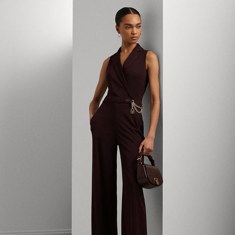 Made with stretch jersey for a smooth hand and ease of movement this sleeveless jumpsuit is defined by a surplice neckline and a wide-leg silhouette. Designed with notch lapels this elegant style is decorated with a glistening curb-link chain and an “LRL”-engraved padlock charm at the waist. Ralph Lauren Jumpsuit, Jersey Jumpsuit, Surplice Neckline, Pinot Noir, Sleeveless Jumpsuits, Short En Jean, Wimbledon, Wide Leg Jumpsuit, Vest Dress