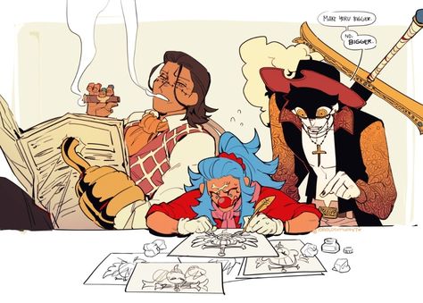 Buggy X Crocodile X Mihawk, Cross Guild One Piece Fanart, One Piece Funny Fanart, Cross Guild One Piece, Character Art Ideas, Cross Guild, Crocodile One Piece, One Piece Series, One Piece Cartoon