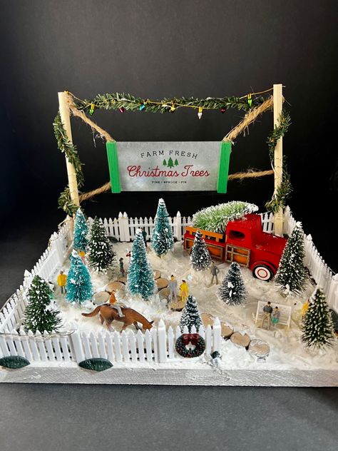 This miniature scene was created by me and features snow made with Elmer's glue and baking soda. Small Christmas Village Ideas, Simple Christmas Village, Miniature Town, Snow Diorama, Diy Christmas Town, Tiny Christmas Village, Xmas Village Display Ideas, Miniature Christmas Scenes, Miniature Christmas Village