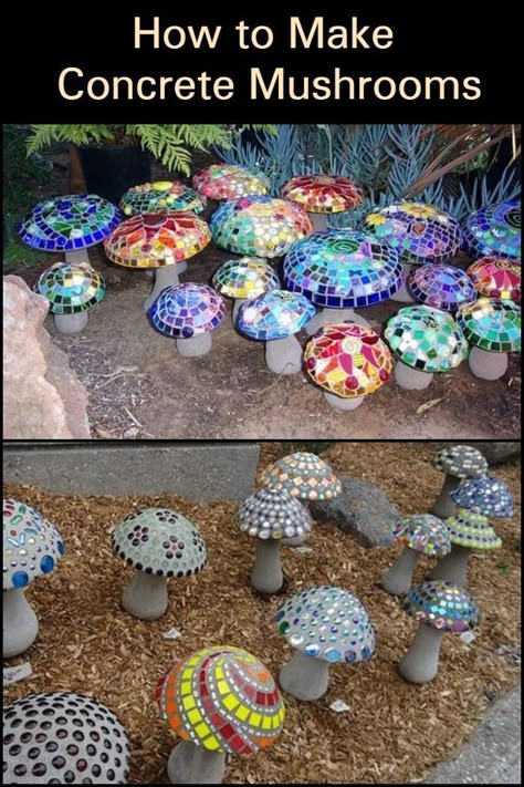 Stunning DIY Concrete Mushroom with Lights: Fast 1-Day Build - Craft projects for every fan! Concrete Mushrooms, Concrete Diy Garden, Mushroom Crafts, Upcycled Wood, Mushroom Lights, Concrete Diy Projects, Outdoor Crafts, Vertical Gardens, Concrete Crafts