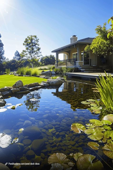 Pond Deck Ideas, Home Pond, Pond Ideas Large, Ponds With Beach Area, Pond On Property, Pond With Beach Area, Large Wildlife Pond, Pond Design, Deck Boards