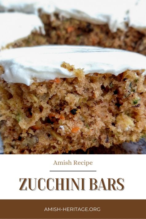 A couple of zucchini bars topped with cream cheese frosting Zucchini Bars Cream Cheese Frosting, Zucchini Granola Bars, Frosted Zucchini Brownies, Amish Zucchini Recipes, Healthy Zucchini Bars, Zucchini Bars Recipes Easy, Zucchini Bar Recipes, Zucchini Bars With Brown Butter Frosting, Ways To Use Up Zucchini