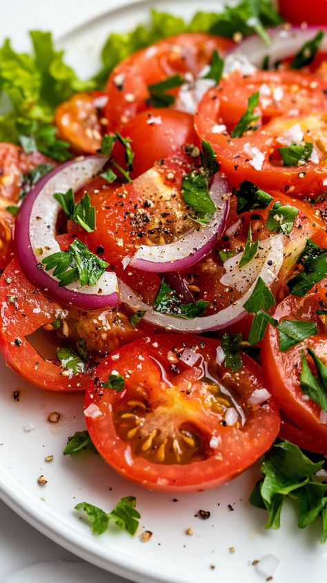 Tomato Salad Pomegranate Syrup, Lettuce Salad Recipes, Healthy Food Menu, Fresh Salad Recipes, Favorite Recipes Dinner, Healthy Food Dishes, White Onion, Tomato Salad, Fresh Salads