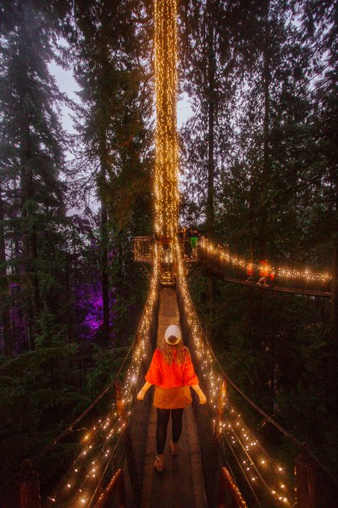 Vancouver’s Capilano Suspension Bridge Christmas lights was my favorite thing to do in British Columbia trip last December. walk across a 150+-year-old suspension bridge 300 feet above the Canada forest floor surrounded by millions of Christmas lights? It's one of the best Vancouver photo spots! Capilano suspension tips:  the best time to visit the bridge, how to get there for free from Downtown Vancouver, etc), along with advice on what to wear! #canada #vancouver #christmas #britishcolumbia Canada Forest, Vancouver Christmas, Canada Lifestyle, Vancouver Photos, Capilano Suspension Bridge, Canada Christmas, Paradise Falls, Canada Vancouver, Vancouver Travel