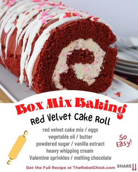 Box Cake Mix Cake Rolls, Red Velvet Cake Roll From Box Cake, Red Velvet Oreo Cake Roll Explosion, Red Velvet Roll Cake Recipe, Red Velvet Cake With Chocolate Frosting, Red Velvet Cake Roll With Box Cake, Red Velvet Oreo Cake Roll, Red Velvet Poke Cake Condensed Milk, Box Red Velvet Cake Mix Recipes