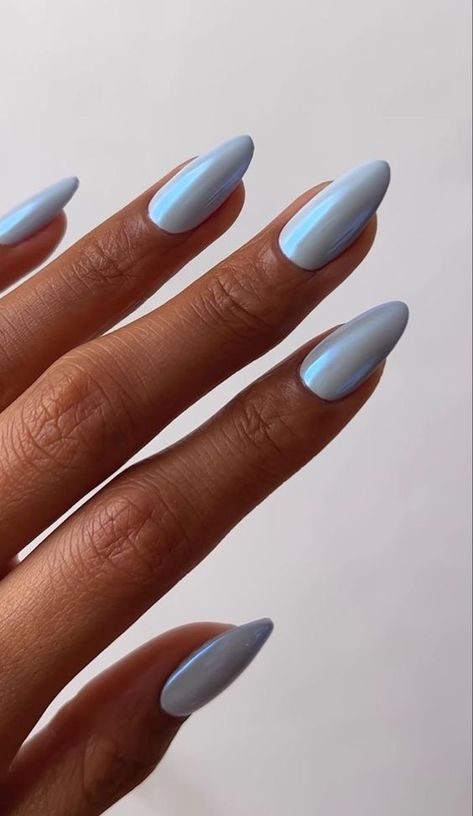 Icy Blue Ombre Nails, Aesthetic Nails Color, Simple Nails Crome, Baby Blue Glazed Nails, Blue Chrome Powder Nails, Light Blue Chrome Nails Designs, Pastel Blue Chrome Nails, Sky Blue Chrome Nails, Pale Blue Chrome Nails