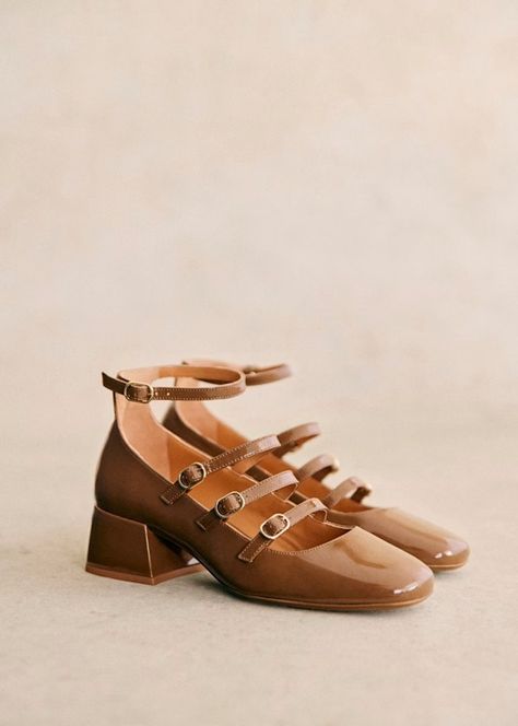 Elodie Mary Janes - Patent taupe - Patent sheep leather - Sézane Baby Jane, Sheep Leather, Brass Buckle, Parisian Style, Autumn Winter Fashion, Mary Janes, Patent Leather, Ankle Strap, Heel Height