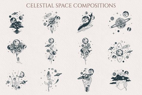 Celestial Aesthetic Tattoo, Celestial Botanical Tattoo, Celestial Bodies Tattoo, Celestial Animal Tattoo, Celestial Line Art Tattoo, Bodies Drawing, Galaxy Planets, Space Planets, Body Drawing