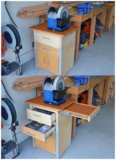 New Sharpening Station for the Tormek.  Took the base from an old router table that wasn't working out and enhanced it. Tormek Sharpening Station, Sharpening Station, Wood Shops, Woodshop Projects, Garden Swings, Workbench With Drawers, Woodworking Jobs, Woodworking Bench Plans, Bench Grinder