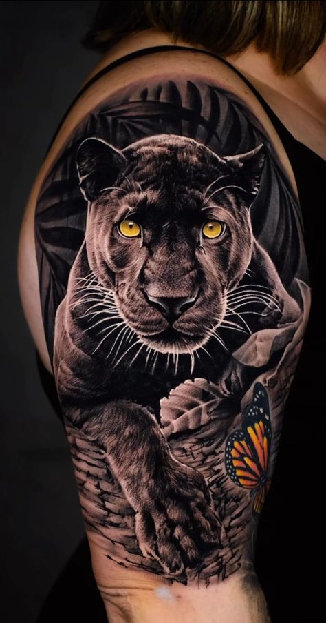 Panther Tattoo Thigh, Puma Tattoo Men, Jaguar Tattoo Men, Big Cat Tattoos, Panther Tattoo Realistic, Realistic Animal Tattoos, Jungle Sleeve, Tigres Tattoo, Cover Up Tattoos For Men Arm