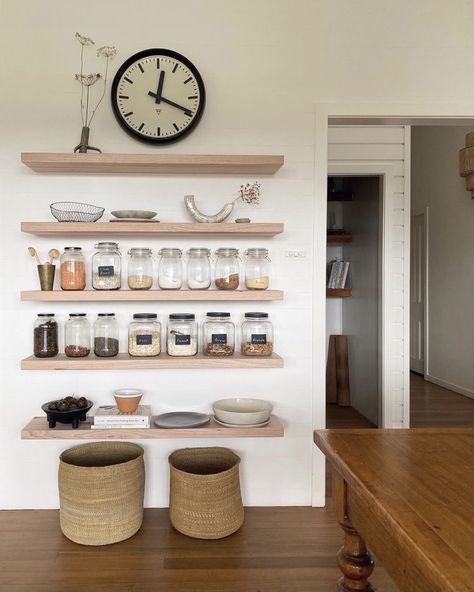 Open Shelving In Kitchen, Open Shelf Pantry, Shelving In Kitchen, Natalie Walton, Tiny Pantry, Open Pantry, Floating Shelves Kitchen, Pantry Cupboard, Pantry Shelving