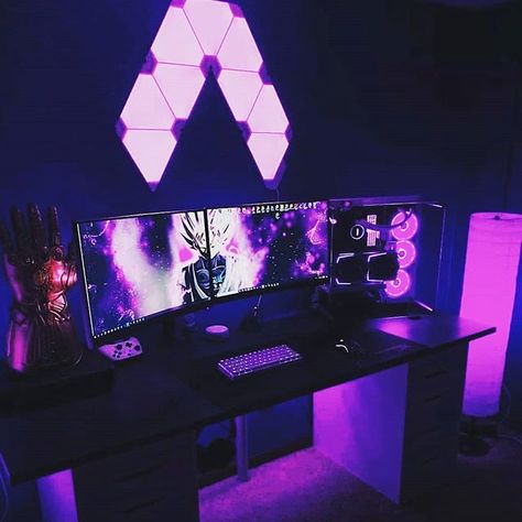 Loving this purple setup with the center Goku  #metalgeartech #pcgamer#gamingroom#desktoppc#streamer#gamingislife#gameforlife#pcparts#nvidia#gamer#pcmod#gamerpc#mechanicalkeyboards#rgb#gamerforlife#computerparadise#setupwars#gamingpcbuild#gamestation#videogaming#computer#gamingchair#custompc#instagamer#gamesroom#pcmods#desksetup#dreamsetup #modmondays Streaming Room, Gamer Bedroom, Gaming Desk Setup, Best Gaming Setup, Setup Gamer, Computer Gaming Room, Computer Desk Setup, Gamer Setup, Gamer Room Decor