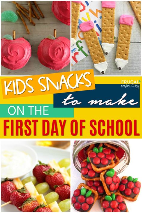 Creative first day of school snacks for kids. A healthy mixture of snacks on the go, food crafts for kids, snack ideas healthy, and snack treats. These back to school kids recipes can be eaten at home or in your child's lunchbox.  #backtoschool #firstdayofschool #snacks #snackideas #snacksonthego #snackideashealthy #firstdayofschoolideas #firstday #FrugalCouponLiving #kidsrecipes #recipesforkids Fun Class Snack Ideas, September School Snack Ideas, Snack Crafts For Preschool, School Themed Snacks For Kids, Fun Preschool Snack Ideas, First Day Of School Snack Ideas, Kindergarten Snacks For School, Kindergarten Class Snack Ideas, Back To School Themed Snacks