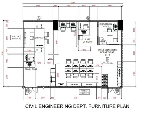 Civil Engineer Department Furniture Plan AutoCAD File - Cadbull Civil Engineering Plates Drawing, Civil Engineering Plates, Engineering Plates, Engineer Office, Furniture Layout Plan, Engineering Office, Meeting Room Design Office, Interior Design Engineering, Director Office