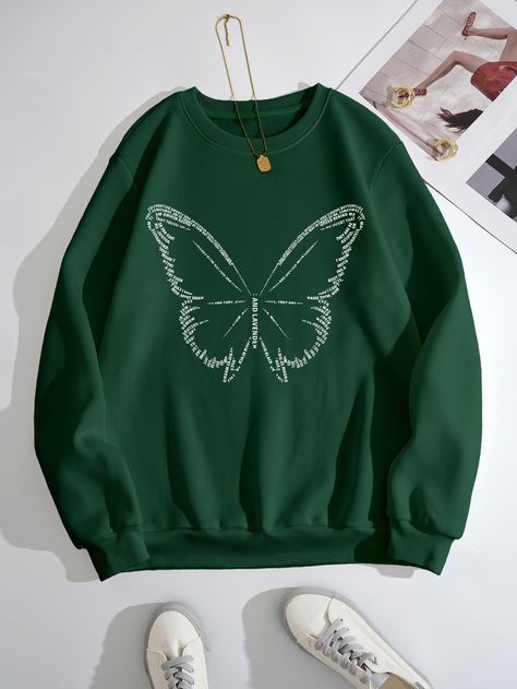 Dark Green Casual Collar Long Sleeve Fabric Slogan,Butterfly Pullovers Embellished Non-Stretch  Women Sweatshirts Green Sweatshirt Outfit, Dark Green Sweatshirt, Cute Hoodies, Stylish Hoodies, Hoodies For Women, Sweatshirt Outfit, Trendy Clothes, Trendy Clothes For Women, Girls Fashion Clothes