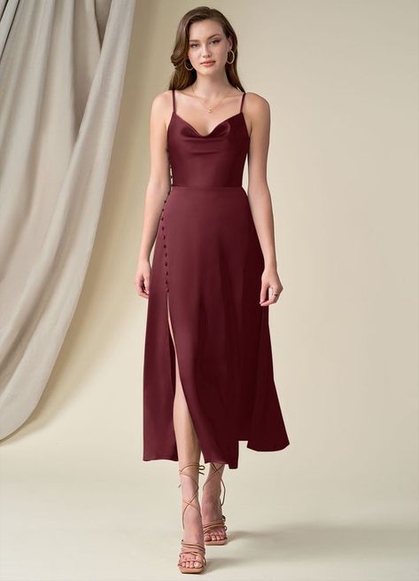 Azazie Ceci Stretch Satin Dress Bridesmaid Dresses | Azazie Bridesmaid Dress Midi, Burgundy Bridesmaid Dress, Stretch Satin Dress, Burgundy Bridesmaid, Fancy Wedding Dresses, Party Attire, Azazie Bridesmaid Dresses, Burgundy Bridesmaid Dresses, The Perfect Girl