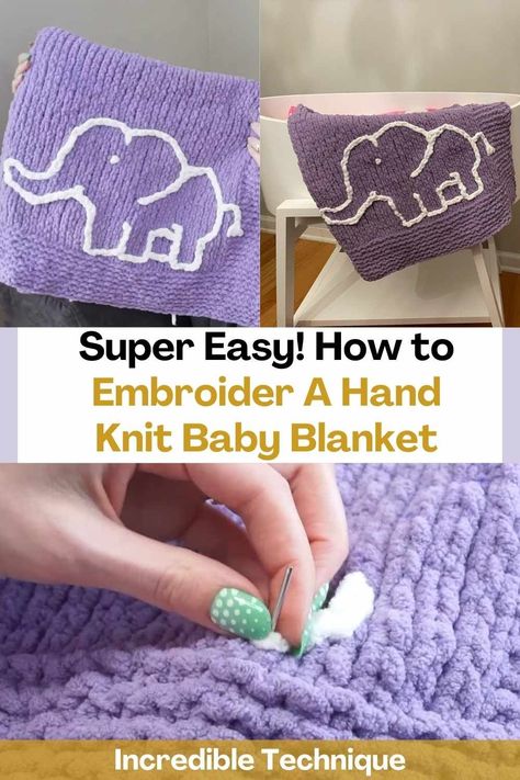 With this video tutorial you will learn how to use the chain stitch embroidery technique to add a design to a hand-knitted baby blanket! The creator of this video chose to hand embroider an elephant on her blanket and instead of yarn, used a contrasting Bernat Baby Blanket yarn color. You can create the design you want with this incredible technique and make your blanket unique. Get creative! Choose the colors that you like the most and begin to make an incredible embroidery on your blanket... Embroidery On Crochet Blanket, Embroidered Blankets Ideas, Hand Embroidered Blanket, Baby Blanket Embroidery Ideas, Baby Blanket Embroidery, Hand Embroidered Baby Blanket, Hand Knit Baby Blanket, Embroidered Baby Blanket, Knot Blanket