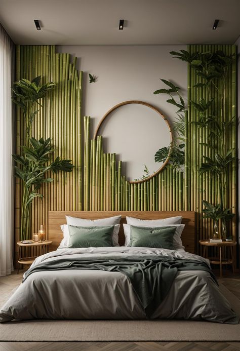 50 Adorable Bedroom Ideas To Inspire Your Dream Space Rattan And Gold Bedroom, Bamboo Inspired Bedroom, Tropical Green Bedroom Ideas, Hawaiian Inspired Decor, Bedroom Earthy Aesthetic, Africa Bedroom Ideas, Cool Headboard Ideas, Tropical Glam Bedroom, Dark Tropical Aesthetic Bedroom