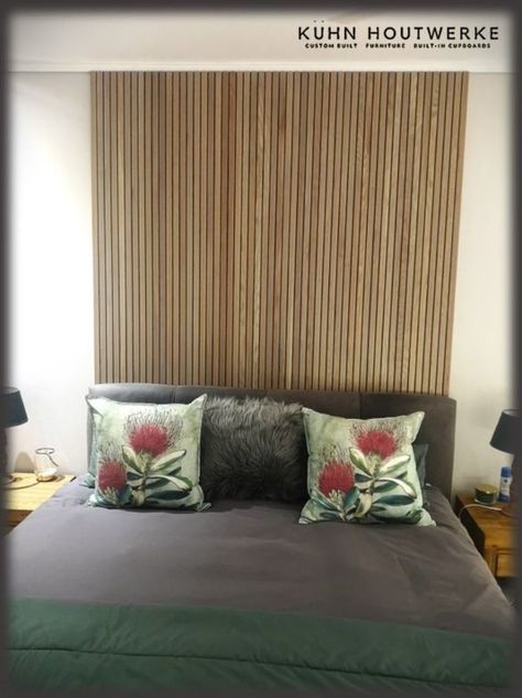 We've received great interest in wood panelling this year, and it's showing no signs of slowing down. Why not add a sleek wooden panel headboard that goes up the wall to the ceiling for a contemporary monochromatic feel. We’ll post more wood panelling work soon. For quotations & enquiries: Tel: 021 873 5792 Email: khoutwerke@icon.co.za Panelled Headboard, Golden Lamps, Wood Backdrop, Residential Interior Design, Panel Headboard, Materials And Textures, Wooden Dining Tables, Main Bedroom, Blue Walls