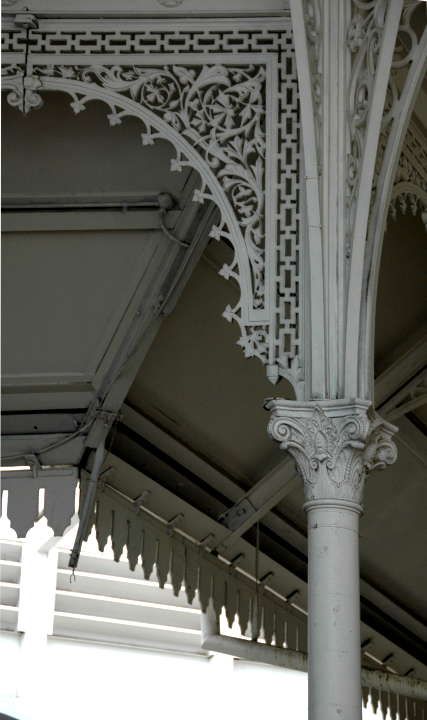 Wrought iron tracery and column Victorian Pillar Columns, Cast Iron Columns, Victorian Ironwork, Victorian Porches, Perfume Factory, Cast Iron Architecture, Iron Pergola, Glass Porch, Porch Brackets