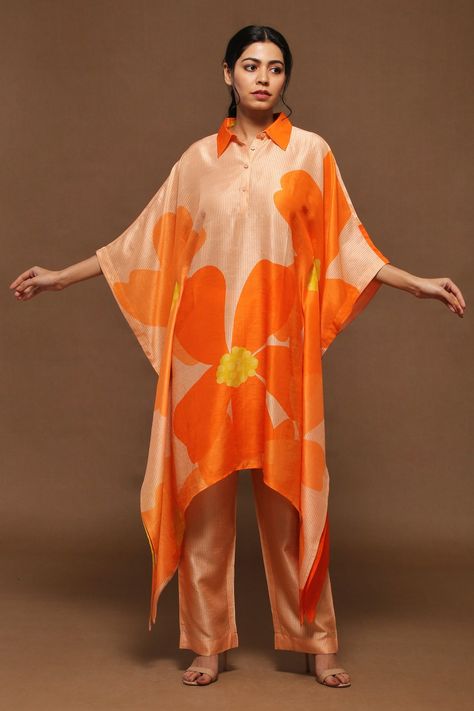 Shop for these amazing collections of Orange Dupion Silk Printed Floral Kaftan Kurta And Pant Set For Women by Clos online at Aza Fashions. Women Kaftan Styles, Parallel Pants, Kaftan Styles For Ladies, Orange Kaftan, Kaftan Kurta, Kaftan Pattern, Kaftan Styles, Stylish Kurtis Design, Printed Kaftan