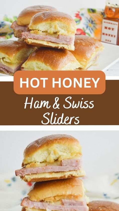 Hot Honey Ham & Swiss Sliders | Looking for an easy ham recipe? These ham sliders are perfect for a Superbowl appetizer or as meal prep for the week for lunch. #ham #recipes #sliders #easy #lunch #appetizers #snacks #hothoney Recipes Sliders, Ham Swiss Sliders, Easy Ham Recipes, Sliders Easy, Ham And Swiss Sliders, Ham Rolls, Ham Sliders, Ham Dinner, Honey Ham