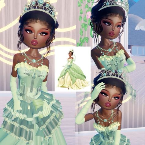 Tiana Dti Outfit, Princess Tiana Dress To Impress, Dti Disney Princess, Princess Dti Ideas, Tiana Dress To Impress, Dti Princess Outfit Ideas, Disney Princess Dress To Impress, Disney Dress To Impress, Dress To Impress Princess